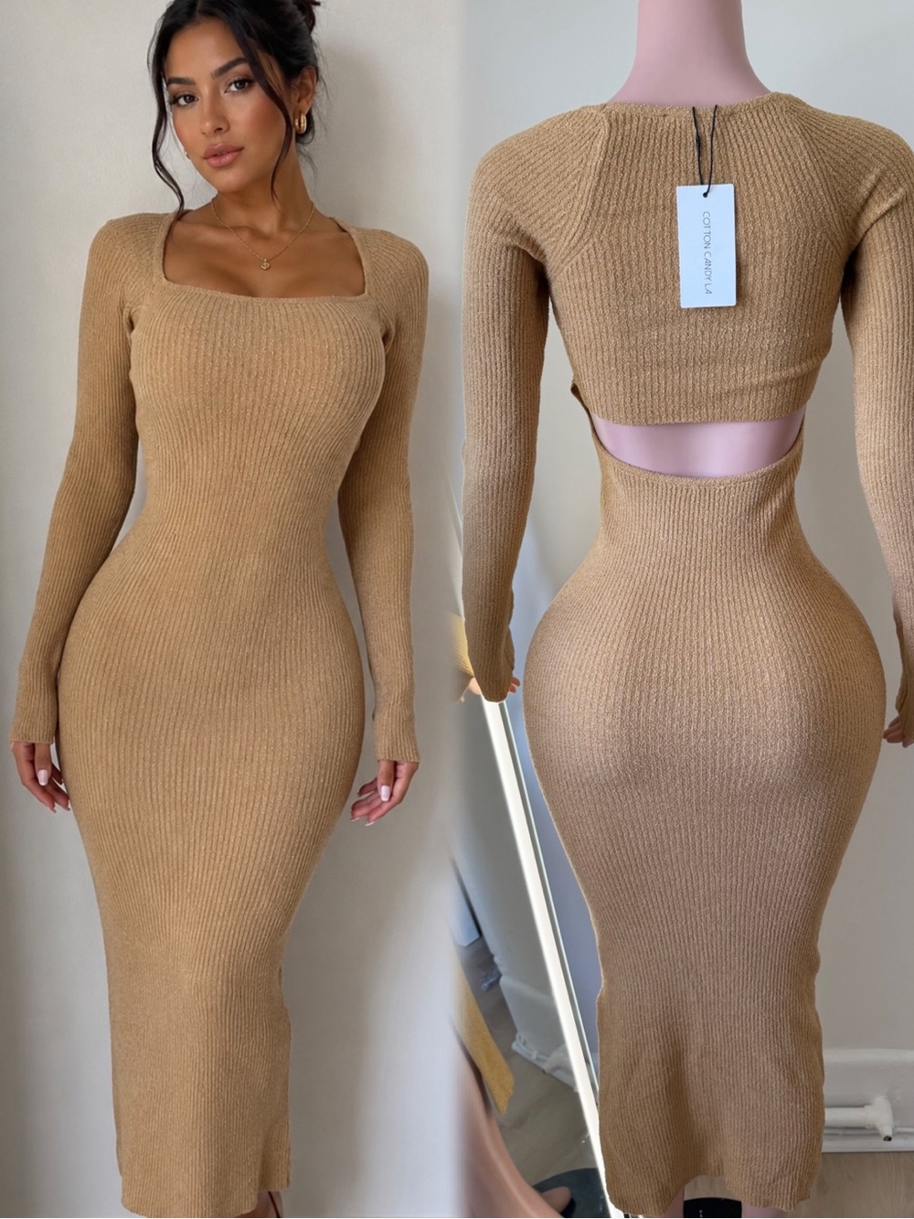 Cotton Candy Camel Rib-Knit Long Sleeve Midi Dress